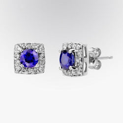 Ceylon Sapphire Diamond Cluster Dames Stud Earring 3.40 Carat WG 14K