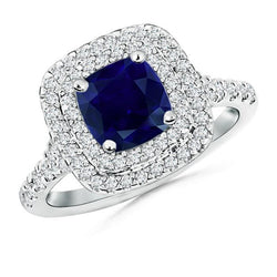 Ceylon Sapphire Dubbele Halo Diamanten Ring 4.0 Karaat Wit Goud 14K