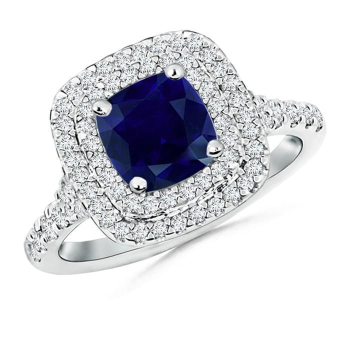 Ceylon Sapphire Dubbele Halo Diamanten Ring 4.0 Karaat Wit Goud 14K - harrychadent.nl