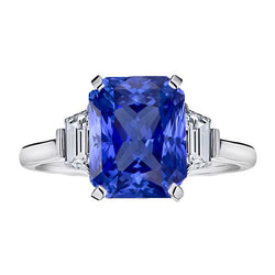 Ceylon Sapphire Edelsteen Ring Trapezium Diamanten 4 Karaat Goud 3 Steen