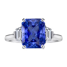 Afbeelding in Gallery-weergave laden, Ceylon Sapphire Edelsteen Ring Trapezium Diamanten 4 Karaat Goud 3 Steen - harrychadent.nl
