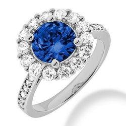 Ceylon Sapphire & Halo Diamanten Trouwring 3.50 Karaat Wit Goud 14K