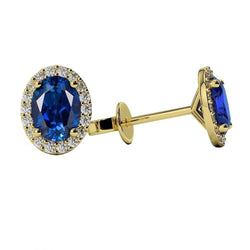 Ceylon Sapphire Halo Diamond Stud Earring 4.80 Karaat Geel Goud 14K