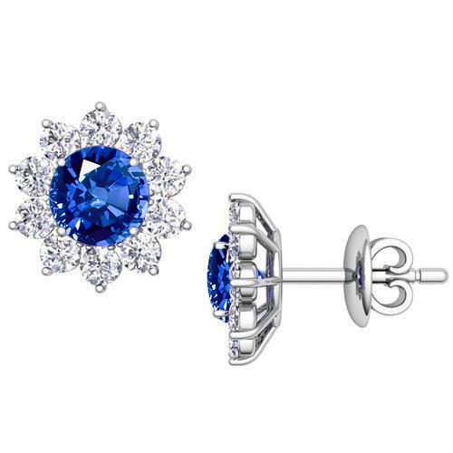 Ceylon Sapphire Halo Diamond Stud Oorbellen 4,60 karaat witgoud 14K - harrychadent.nl