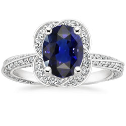 Ceylon Sapphire Halo Witgouden Ring & Ronde Diamanten 6 Karaat
