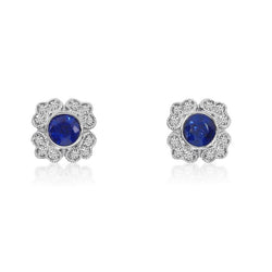Ceylon Sapphire Met Halo Diamond Stud Earring 3.20 Ct Witgoud 14K