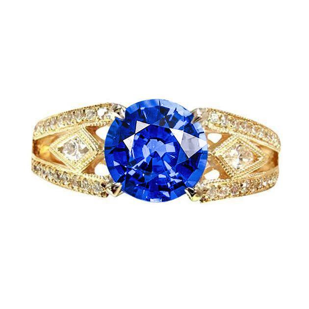 Ceylon Sapphire Ronde Diamanten 3.76 Ct Ring Antieke Stijl - harrychadent.nl