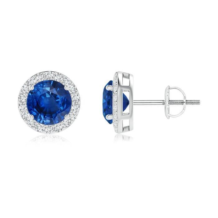 Ceylon Sapphire Stud Earring Ronde Diamant 4 Karaat Wit Goud 14K - harrychadent.nl