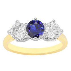 Dames 3 steen blauwe saffier diamanten ring 3,50 karaat tweekleurig 14K