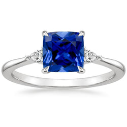 Dames 3 stenen peer diamant & kussen blauwe saffier ring 2,50 karaat
