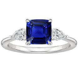 Dames 3 stenen ring peer diamant & kussen Ceylon saffier 2,75 karaat