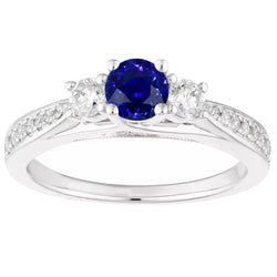 Dames 3 stenen stijl diamanten ring ronde blauwe saffier goud 5 karaat