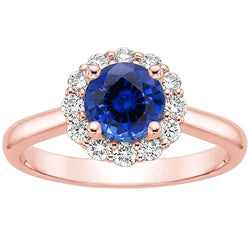 Dames Diamant Halo Ring Bloem Stijl Blauwe Saffier 3 Karaat Rose Goud