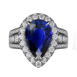 Dames Halo Blauwe Saffier Trouwring Set & Diamanten 6 Karaat