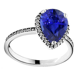 Dames Halo Diamond Ring & Pear Cut Sri Lankaanse saffier goud 4 karaat