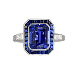 Dames Halo Edelsteen Blauwe Saffieren Ring 3.50 Karaat Baguette Diamanten