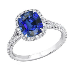Dames Halo Kussen Geslepen Saffier Ring Pave Set Diamanten 4 Karaat