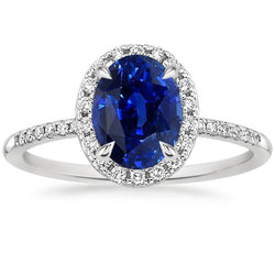 Dames Halo Ring Ovale Blauwe Saffier & Diamanten Accenten 3,25 Karaat