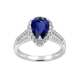 Dames Halo Ring Split Shank Peer Ceylon Saffier & Diamanten 3 Karaat