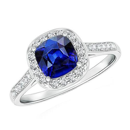 Dames diamant Halo verlovingsring kussen blauwe saffier 3 karaat - harrychadent.nl