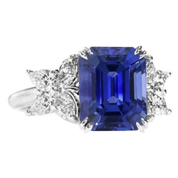Dames diamanten edelsteen ring Emerald Cut Ceylon saffier goud 4 karaat