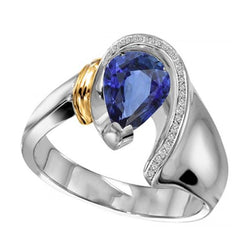Dames diamanten ring 2 karaat peer geslepen blauwe Srilankaanse saffier tweekleurig