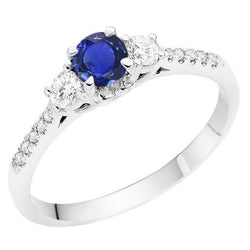Dames diamanten ring 3 stenen stijl blauwe saffier met accenten 2 karaat