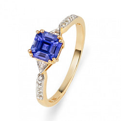 Dames diamanten ring Asscher Ceylon saffier 2,50 karaat tweekleurig goud