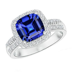 Dames diamanten ring kussen Halo blauwe saffier met accenten 4,50 karaat