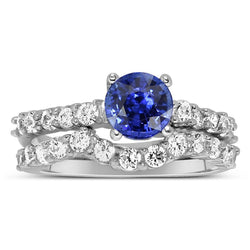 Dames diamanten ronde blauwe saffier verlovingsring set 4,50 karaat