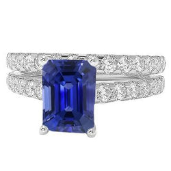 Dames diamanten verlovingsring set Emerald Cut blauwe saffier 3 karaat