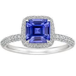 Dames gouden diamant Asscher geslepen blauwe saffier effenen ring 3,45 karaat 14K