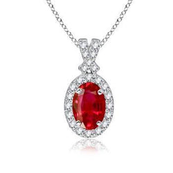 Dames ovaal geslepen rode robijn met diamanten hanger wit goud 3,30 karaat
