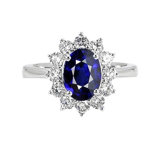 Dames ovale blauwe saffier & ronde diamanten ring 8 karaat Sunburst Style - harrychadent.nl