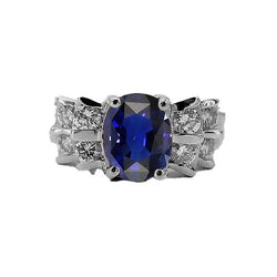 Dames ovale blauwe saffier trouwring 2,50 karaat staaf set diamanten