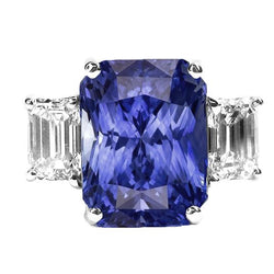 Dames Stralende Drie Stenen Blauwe Saffier Ring 7 Karaat Smaragd IGI GECERTIFICEERDE Diamanten
