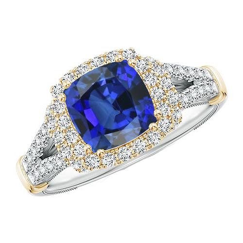 Dames tweekleurige diamanten ring kussen blauwe saffier goud 14K 3,25 karaat - harrychadent.nl