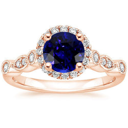 Damesring ronde blauwe saffier en diamanten 4 karaat Milgrain roségoud