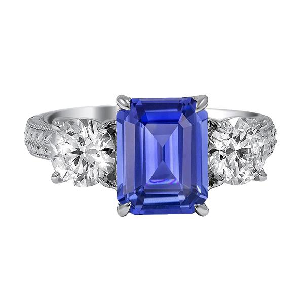 Diamant 3 Steen Smaragd Srilanka Sapphire Ring Vintage stijl 3 karaat - harrychadent.nl