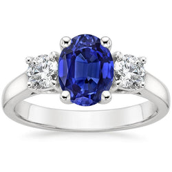 Diamant 3 stenen verlovingsring ovale blauwe saffier 2,50 karaat