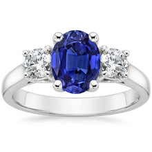 Afbeelding in Gallery-weergave laden, Diamant 3 stenen verlovingsring ovale blauwe saffier 2,50 karaat - harrychadent.nl
