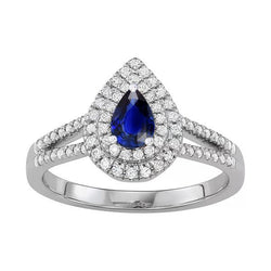 Diamant Dubbele Halo Peer Blauwe Saffier Ring Gespleten Schacht 3 karaat