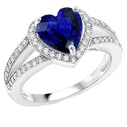 Diamant Halo Hartvormige Blauwe Saffier Ring Split Shank 4 Karaat