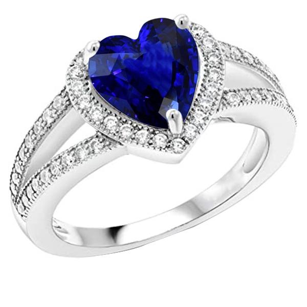 Diamant Halo Hartvormige Blauwe Saffier Ring Split Shank 4 Karaat - harrychadent.nl