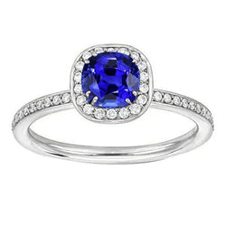 Diamant Halo Kussen Blauwe Saffier Ring 3 Karaat Wit Goud 14K