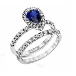 Diamant Halo Peer Sri Lankaanse saffier trouwring set 2,50 karaat