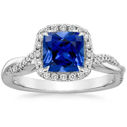Diamant Halo Ring Kussen Blauwe Saffier Pave Set Geaccentueerd 3,25 Karaat