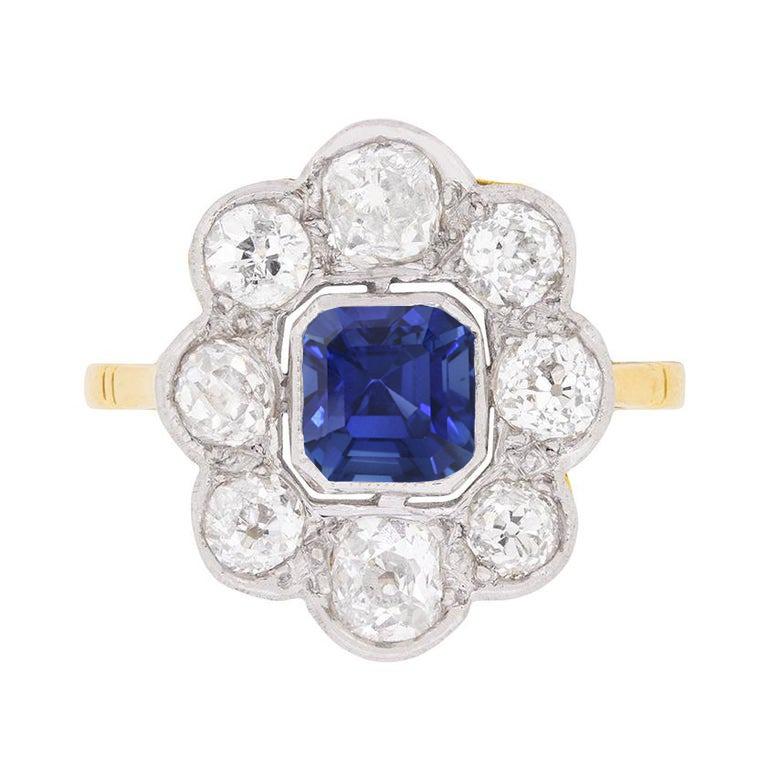 Diamant Halo Saffier Ring Bezel Set Asscher Snijbloem Stijl 4 karaat - harrychadent.nl