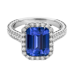Diamant Halo Smaragd Blauwe Saffier Ring 4 karaat Prong Set Milgrain