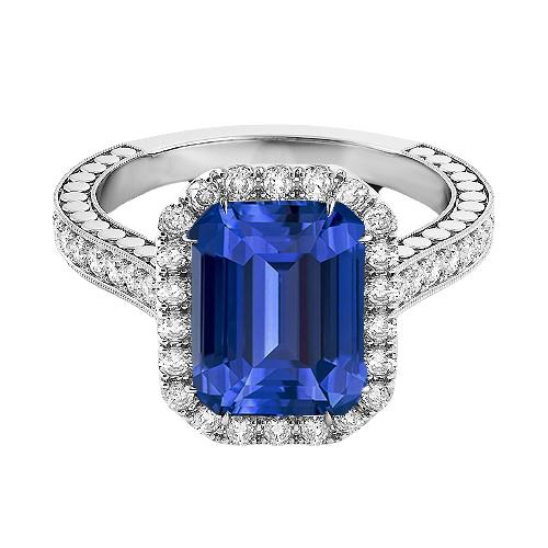 Diamant Halo Smaragd Blauwe Saffier Ring 4 karaat Prong Set Milgrain - harrychadent.nl